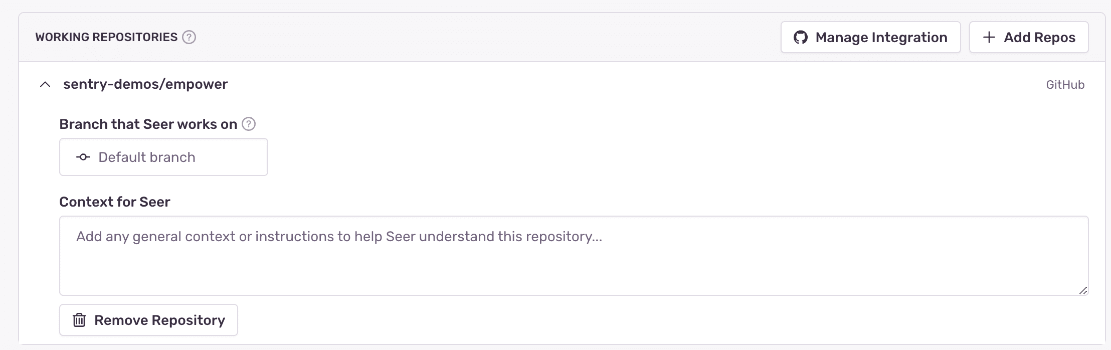 Screenshot of the repository settings page